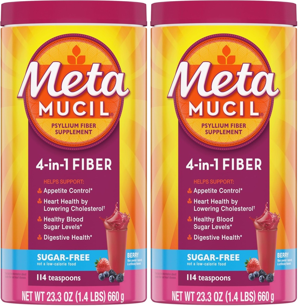 Metamucil,4-in-1 Fiber Supplement,Psyllium Husk Powder,Sugar-Free Powder,Berry Flavored Drink,114 Servings,(Pack of 2)