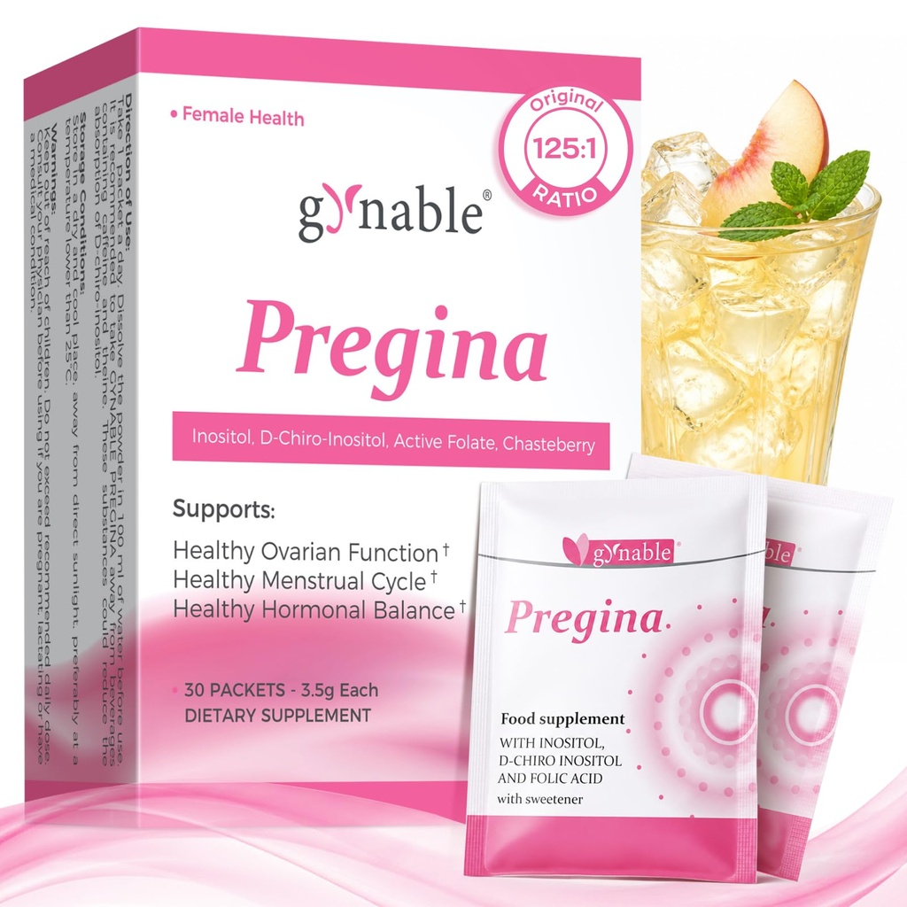 Gynable Pregina Myo-Inositol & D-Chiro Inositol for Women - Original 125:1 Formula, Hormonal Balance & Cycle Wellness, with Chaste Tree & Methylfolate, Powder Sachets, 30 Servings