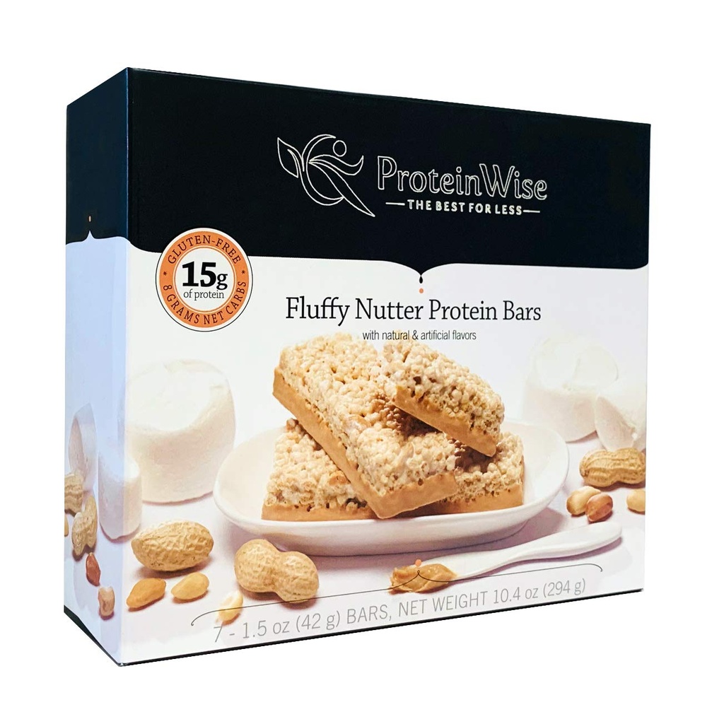 ProteinWise - Fluffy Nutter Protein Bars, Healthy Low-Carb Vegan Snack for Weight Loss, High Fiber, Low-Calorie, Kosher, High Protein - 7 Bars Per Box