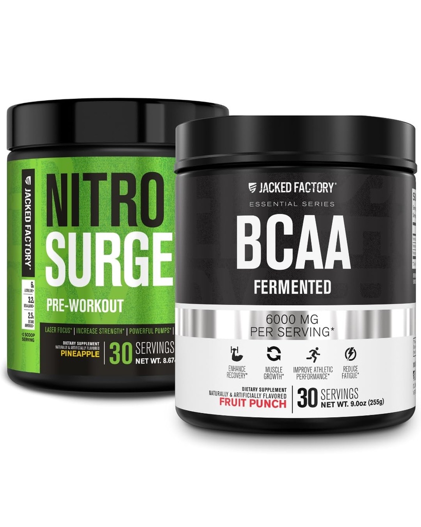 Jacked Factory Nitrosurge Pre-Workout in Pineapple & BCAA in Fruit Punch for Muscle Building and Recovery