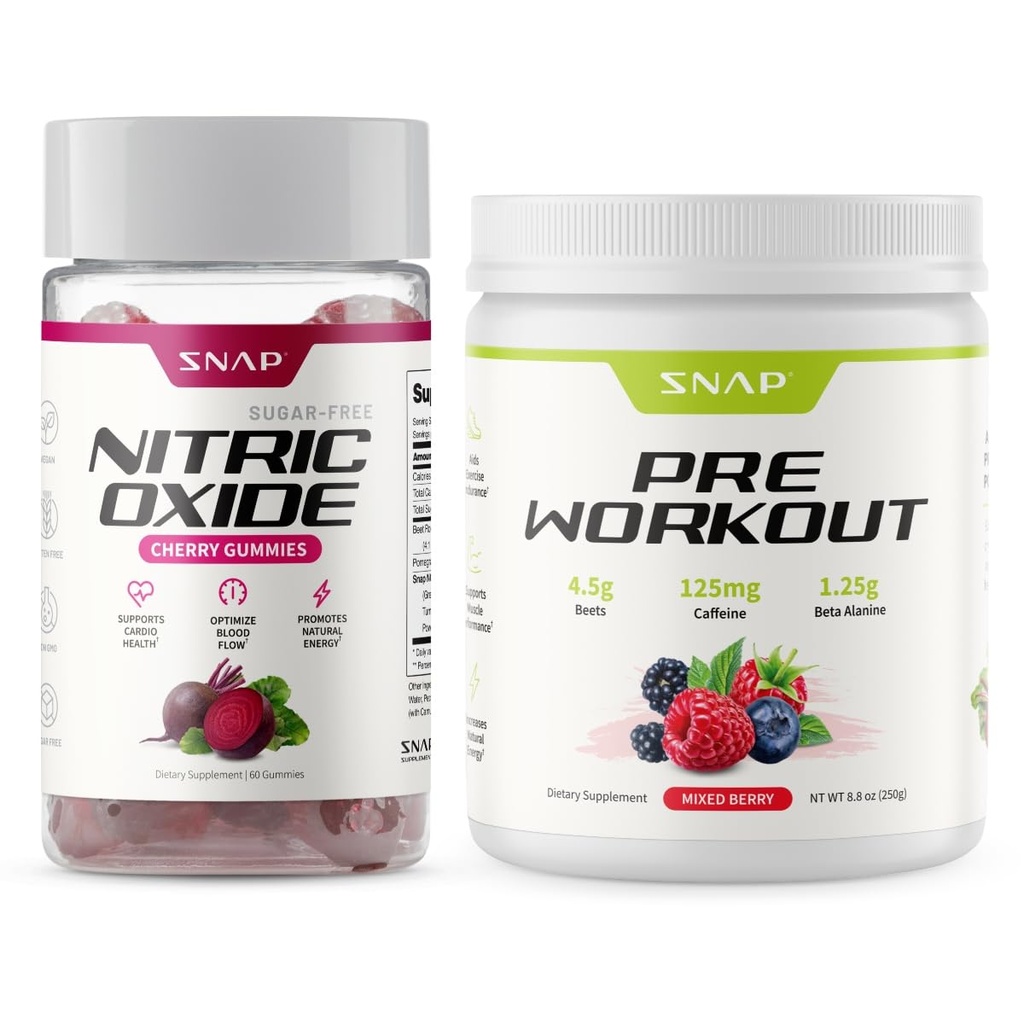 Snap Supplements Nitric Oxide Beet Root Gummies + Pre Workout Beet Root Powder Bundle, 60 Cherry Gummies + 30 Servings Mixed Berry Powder