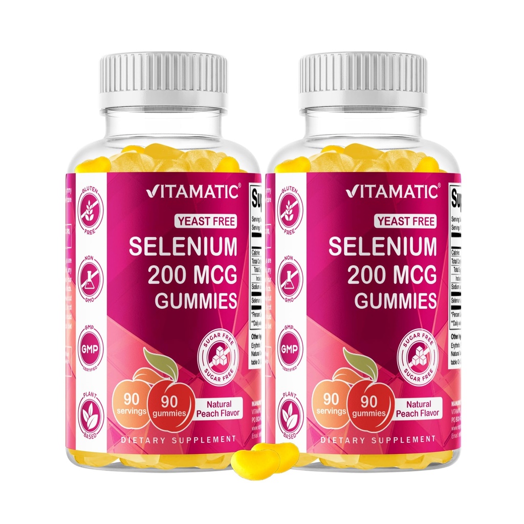 Vitamatic Yeast Free Selenium Gummies 200mcg as Selenomethionine Supplement Essential Trace Mineral with Superior Absorption 90 Pectin Based Gummies - 2 Pack