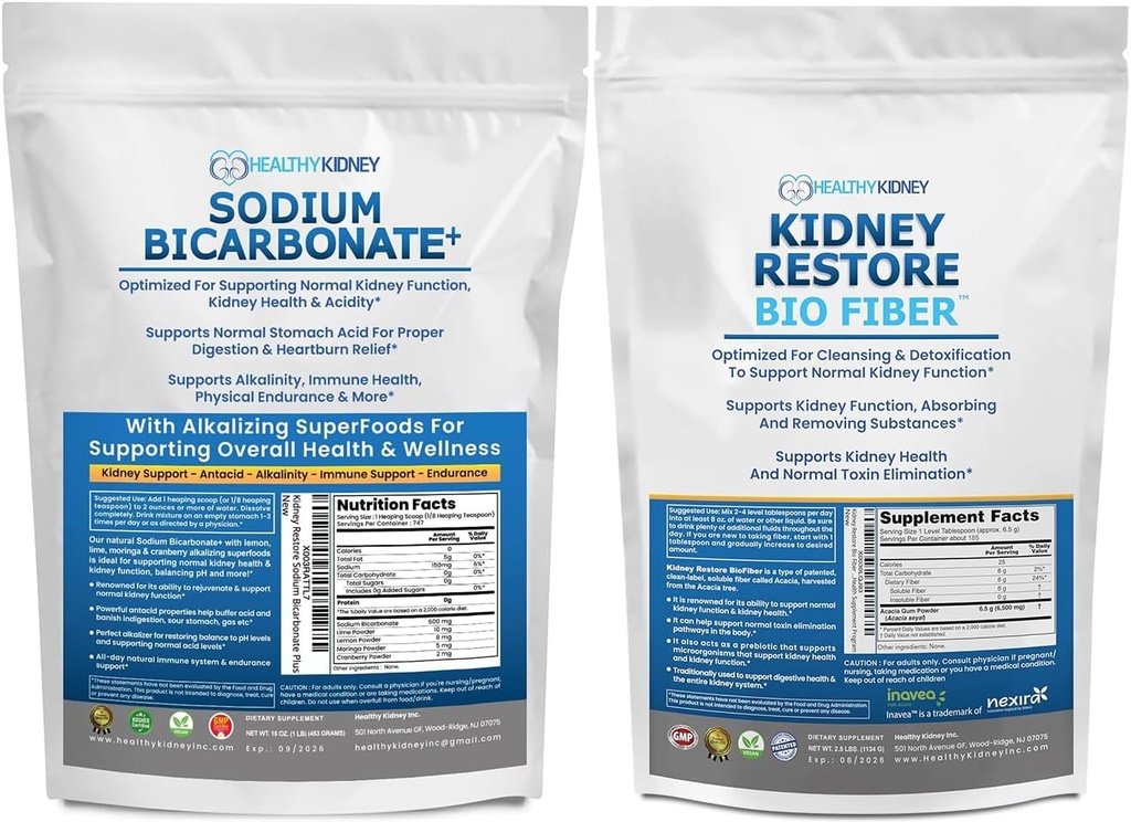 Organic Sodium Bicarbonate Alkaline Supplement 1.5LB & Bio Fiber Kidney Cleanse Detox 2.5 LBS Bundle – Supports Kidney Health, Stomach Acid Neutralizer, Alkaline Superfoods, Immune Support, Detox