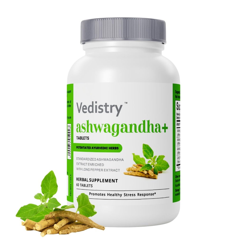 Vedistry Ashwagandha+ 1100mg Tablets with Long Pepper 60 Tablets | Natural Adaptogen for Stress Relief, Mood Support, Energy Boost & Adrenal Health | Vegan Ashwagandha Herbal Supplement | Pack of 1