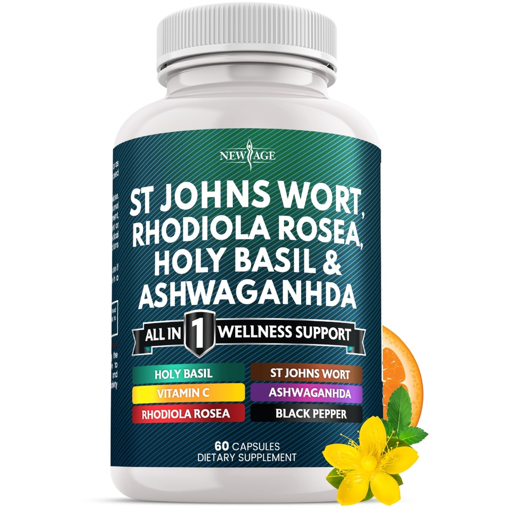NEW AGE St Johns Wort, Rhodiola Rosea, Holy Basil, Ashwagandha - Support for Women and Men with Vitamin C & Black Pepper Extract - 60 Count