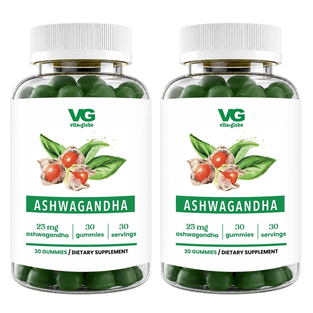 VITA GLOBE Ashwagandha Gummies 25mg with Vitamin D2 100mcg and Zinc 2mg, Ashwagandha for Men and Women, Supplement for Everyday Wellness, Mood Balance and Immune Nutrition, 30 Count, 2 Pack