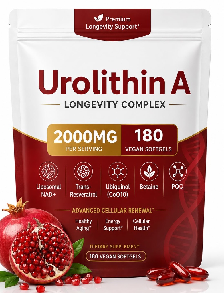 Urolithin A Supplement with Liposomal NAD+, Trans-Resveratrol, 6-in-1 Formula - Supports Muscle Strength & Endurance, Promotes Cellular Health & Renewal, 180 Softgels