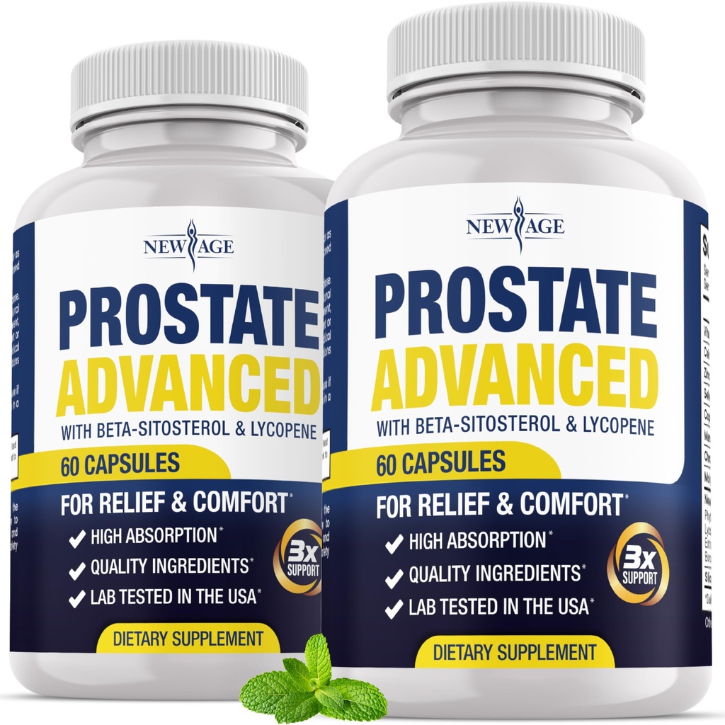 NEW AGE Prostate Advanced Prostate Supplement for Men – Reduce Bathroom Trips, Promote Sleep, Support Health & Bladder Emptying - Made with Lycopene, Beta Sitosterol - 120 Count