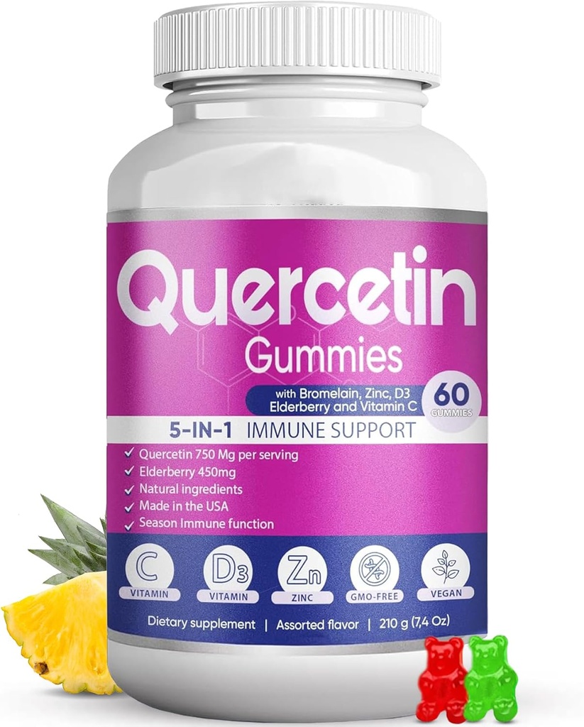 Gummies de Quercetina por BioVitalica - Quercetina con Bromelaina Vitamina C y Zinc &amp; Elderberry + Vitamina D3-5 en 1 Apoyo Inmunitario - Zinc Quercetin 750 mg para niños y adultos (1)