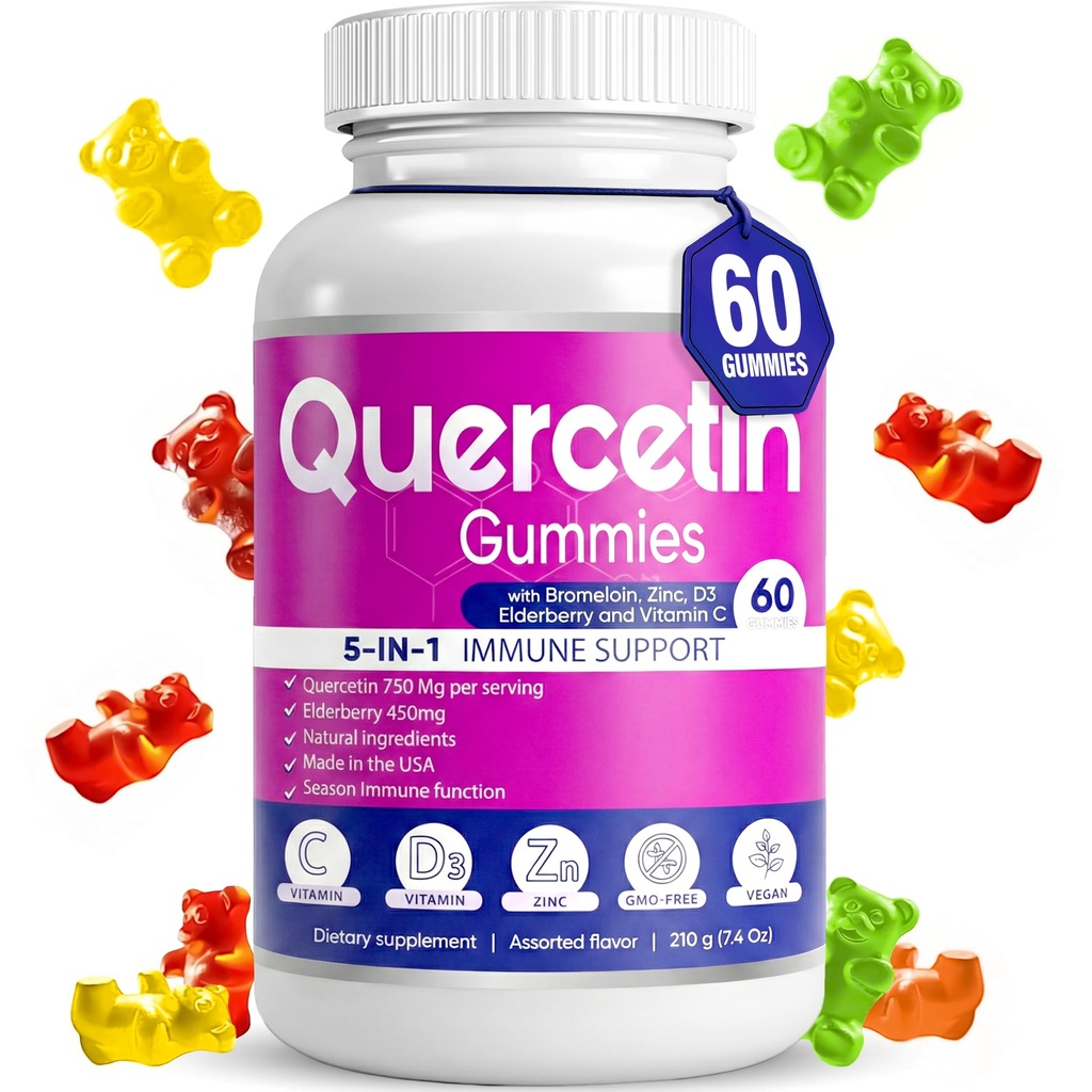 Quercetin Gummies by BioVitalica - Quercetin with Bromelain Vitamin C and Zinc & Elderberry + Vitamin D3-5 in 1 Immune Support - Zinc Quercetin 750 mg for Kids and Adults (1)