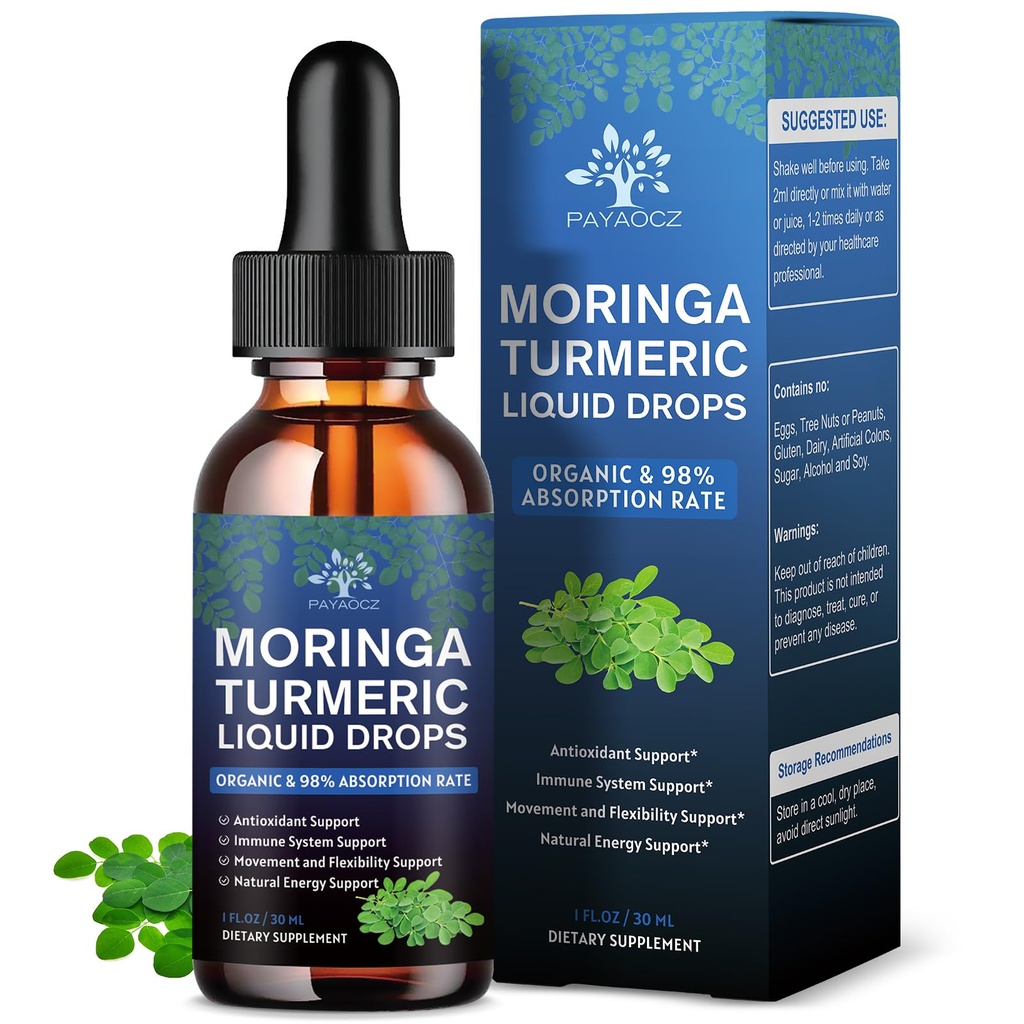 (2 Pack) Organic Moringa Leaf Extract Liquid Drops Supplement 1000mg with Turmeric and Black Pepper for Energy, Antioxidant and Skin, Green Superfood Supplement for Women Men, Vegan, 1 Fl Oz