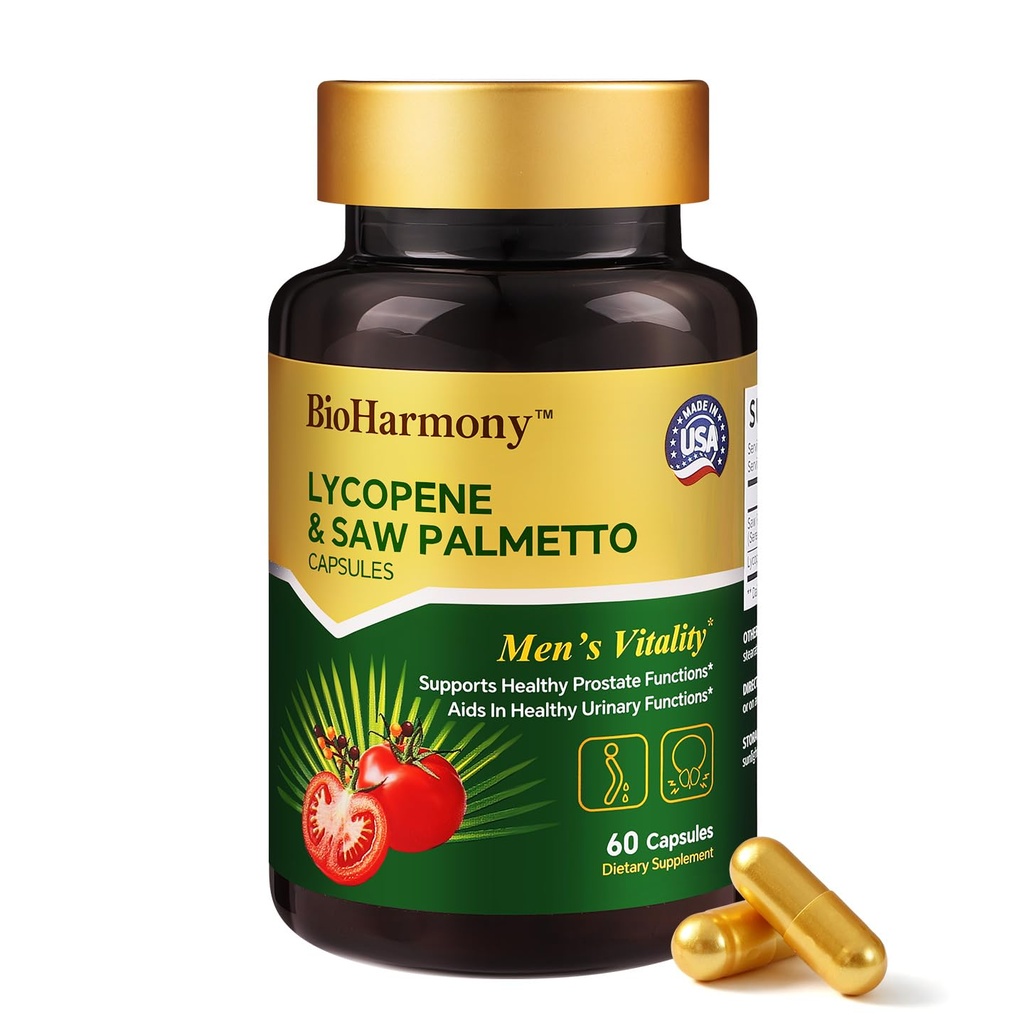 BioHarmony Saw Palmetto for Men- Prostate Health Supplement with 500mg Saw Palmetto Extract & 20mg Lycopene-Supports Healthy Urinary Function – 2 Month Supply- 60 Capsules-Non-GMO