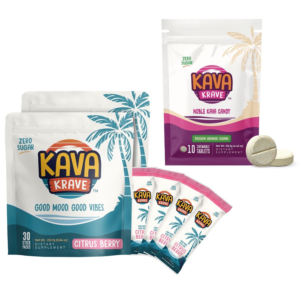 Citrus Berry Kava Drink Mix 60 Pack & Passion Orange Guava Kava Candy 30 Pack – Alcohol Alternative with Buzz, Mood Support, Stress Relief Calming Bites Without Alcohol - Calming Drink Mix Alternative