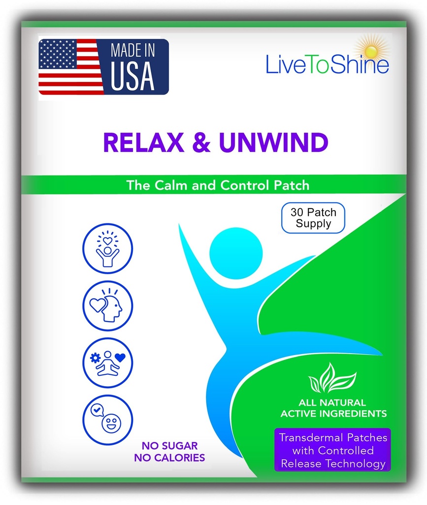 Live To Shine Relax & Unwind Stress Relief Patches – 30 USA Made Herbal Calm with Valerian, Passionflower & Hops – Fast Acting Transdermal Support for Work, Travel & Sleep