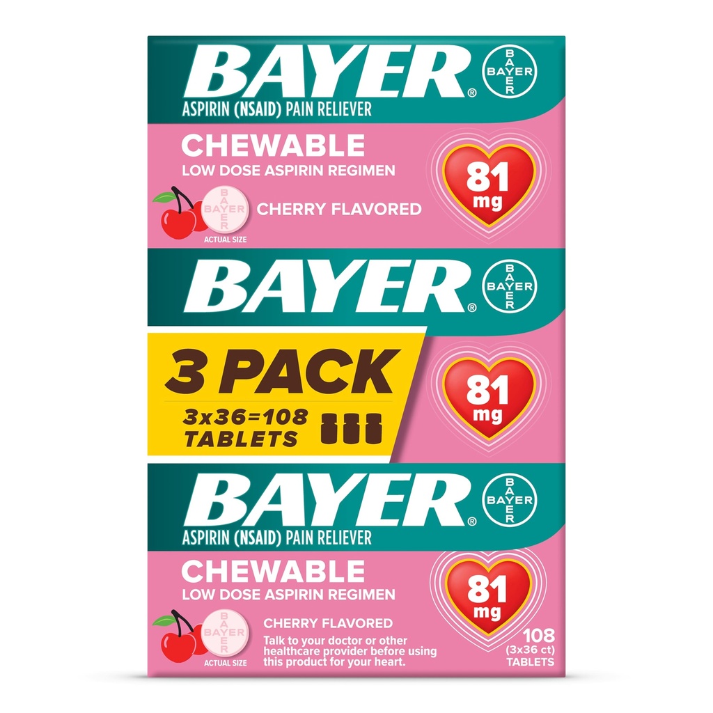 Bayer Aspirin Low Dose 81 mg Chewable Tablets, Pain Reliever, Cherry Flavored, 108 Tablets (36 Pack of 3)
