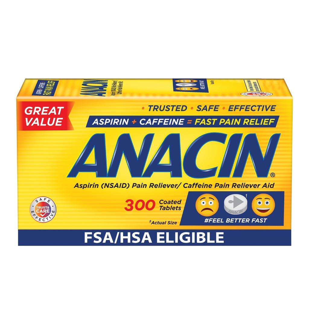Anacin Aspirin & Caffeine Fast Pain Relief, Eases Minor Aches and Pains Due to Headache, Muscle Aches & Arthritis, 300 Count