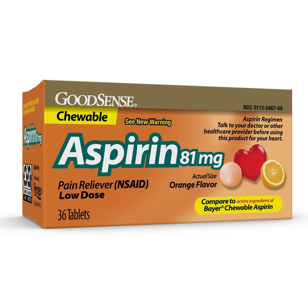GoodSense Low Dose Aspirin - 81 mg Pain Reliever (NSAID) Chewable Tablets - Orange Flavor