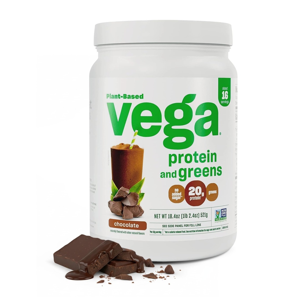 Vega Premium Protein + Supergreens, Chocolate – 20g Vegan Protein, Dairy & Gluten Free, 19.2 oz (16 Servings)