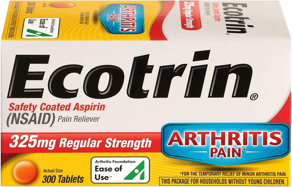 Ecotrin Regular Strength Safety Coated Aspirin | Arthritis Pain | 300 Tablets (2 Pack)