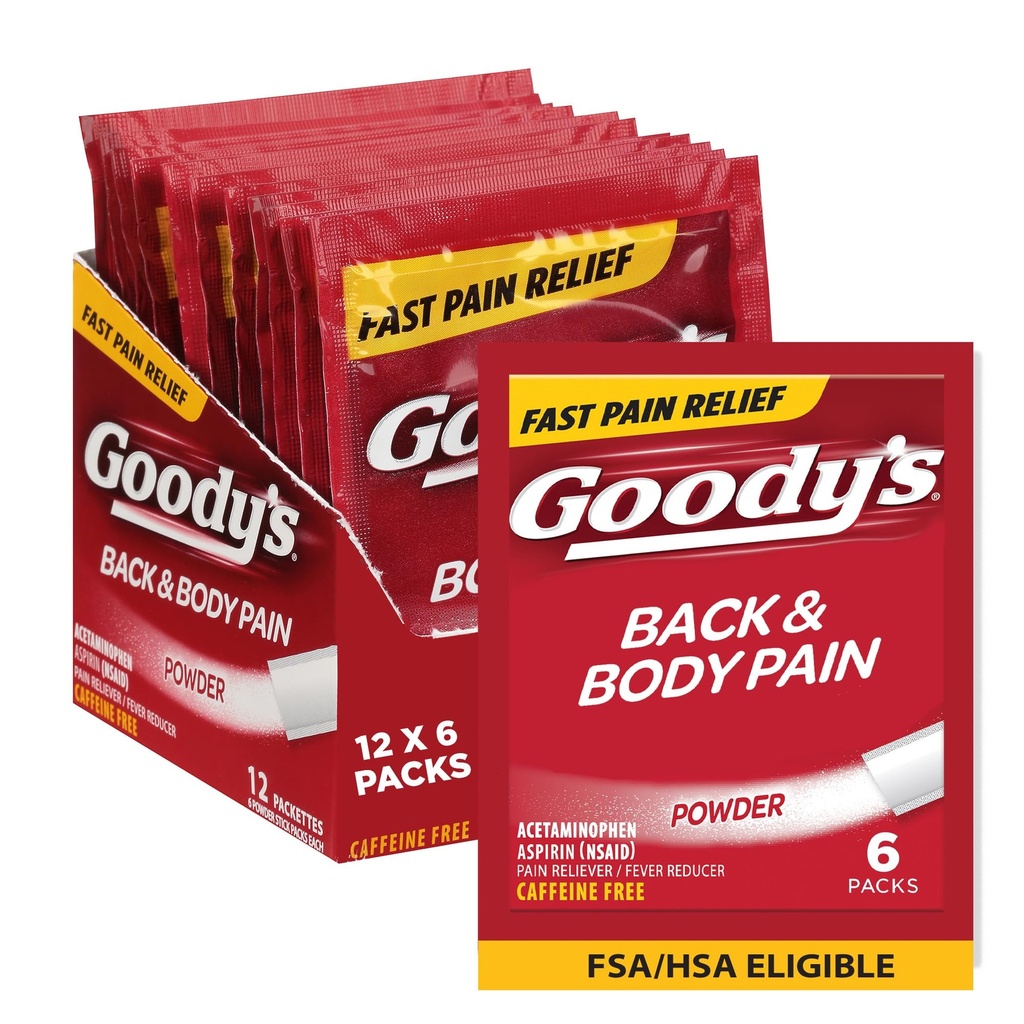 Goody's Body Ache & Back Pain Relief Powder, Dual Action with Acetaminophen & Aspirin, Caffeine-Free, 6 Count, Pack of 12