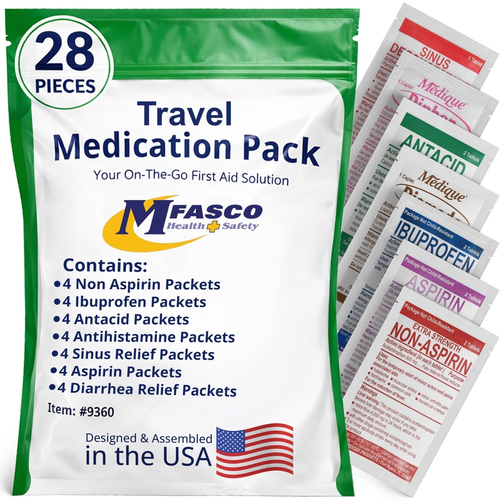 MFASCO - 7 in 1 - Travel Size Medicine Kit - TSA Approved | 28 First Aid Emergency OTC Medicine Packets for Cruise & International Travel | Compact Med Refill for Traveling & Office Assembled in USA