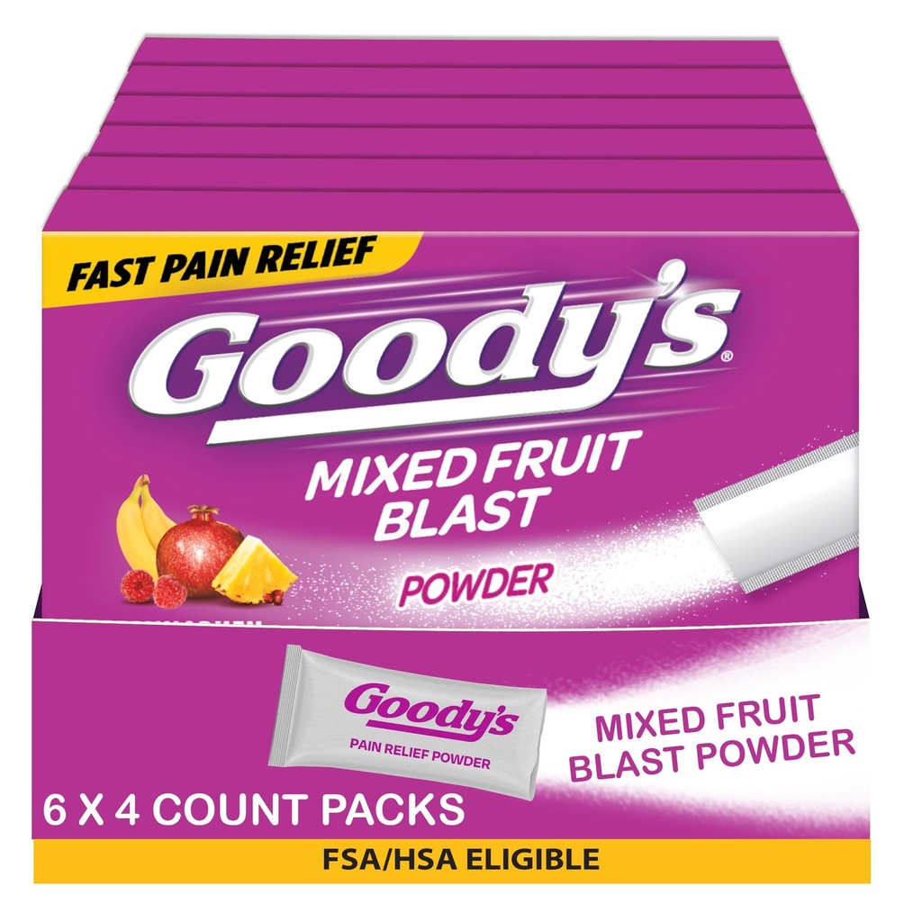 Goody's Headache Powder, Triple Action Fast-Acting Formula Headache Relief with Aspirin, Acetaminophen & Caffeine, Mixed Fruit Blast Flavor, 4 Powder Sticks, 6 Pack