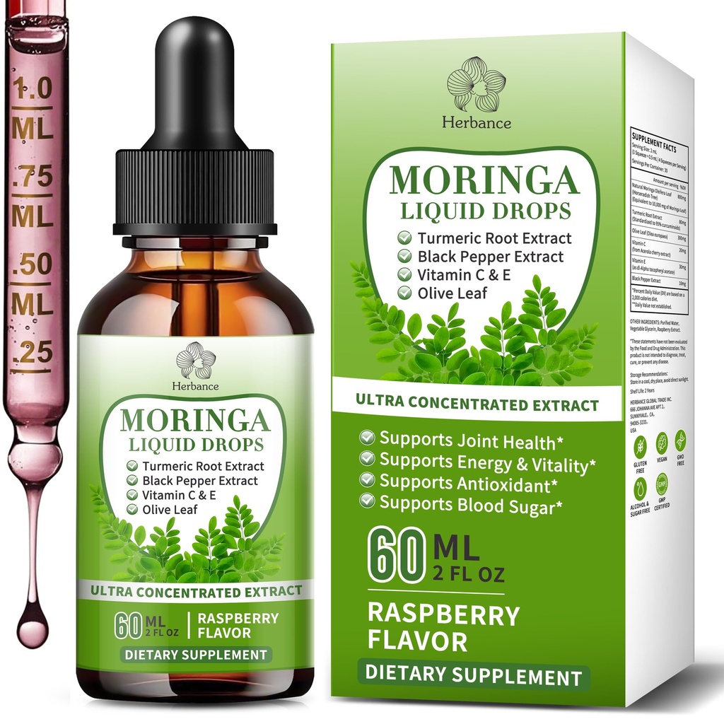 Moringa Liquid Drops, Pure Moringa Supplements w. Turmeric, Olive Leaf, Black Pepper, Vitamin C&E for Energy, Supports Antioxidant and Immune - 6X Stronger Than Capsules Powder (2 Fl Oz)