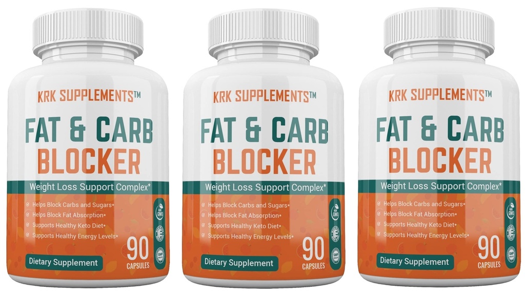 KRK SUPPLEMENTS 3 Bottles Fat and Carb Blocker with Phaseolus Vulgaris (White Kidney Bean Extract) Chitosan Extreme Diet Pills Weight Loss 270 Total Capsules