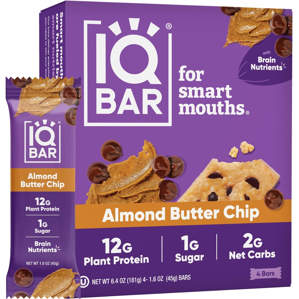 IQBAR Brain and Body Protein Bars - Almond Butter Chip Keto Bars - 4 Count Energy Bars - Vegan Snack