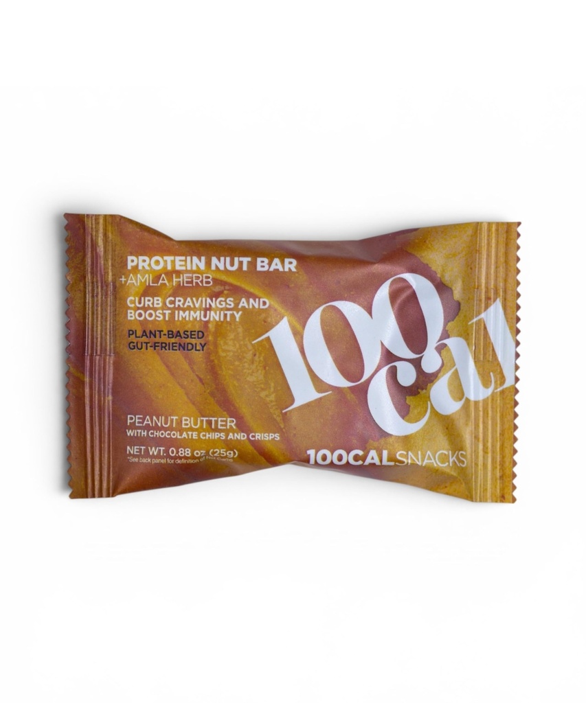 100Cal Snacks Peanut Butter Chocolate Chip Protein Bar, 100 Calorie with 6g Plant Protein, 3g Net Carb, High Fiber Gluten Free – Vegan Energy Bar with Amla, Keto Snack Bars (Single Bar)