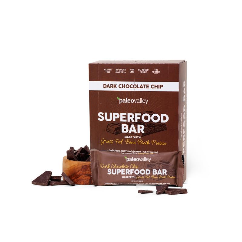 Paleovalley Superfood Bars – Dark Chocolate Chip– 12 Pack – 9g Protein per Bar – Gluten-Free, Grain-Free, Paleo, Non-GMO – On-the-Go Snack