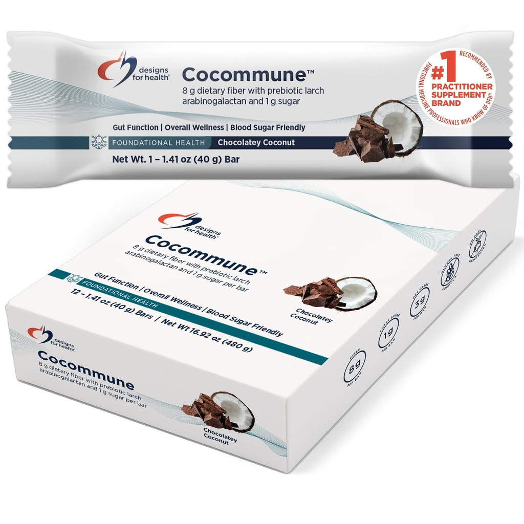 Designs for Health Cocommune Bars (12 Bars) | Prebiotic Fiber Bar with 8 g Fiber for Gut & Digestive Support – Sweetened with Allulose – Vegan, Dairy-Free, Gluten-Free, Non-GMO, 1 g Sugar