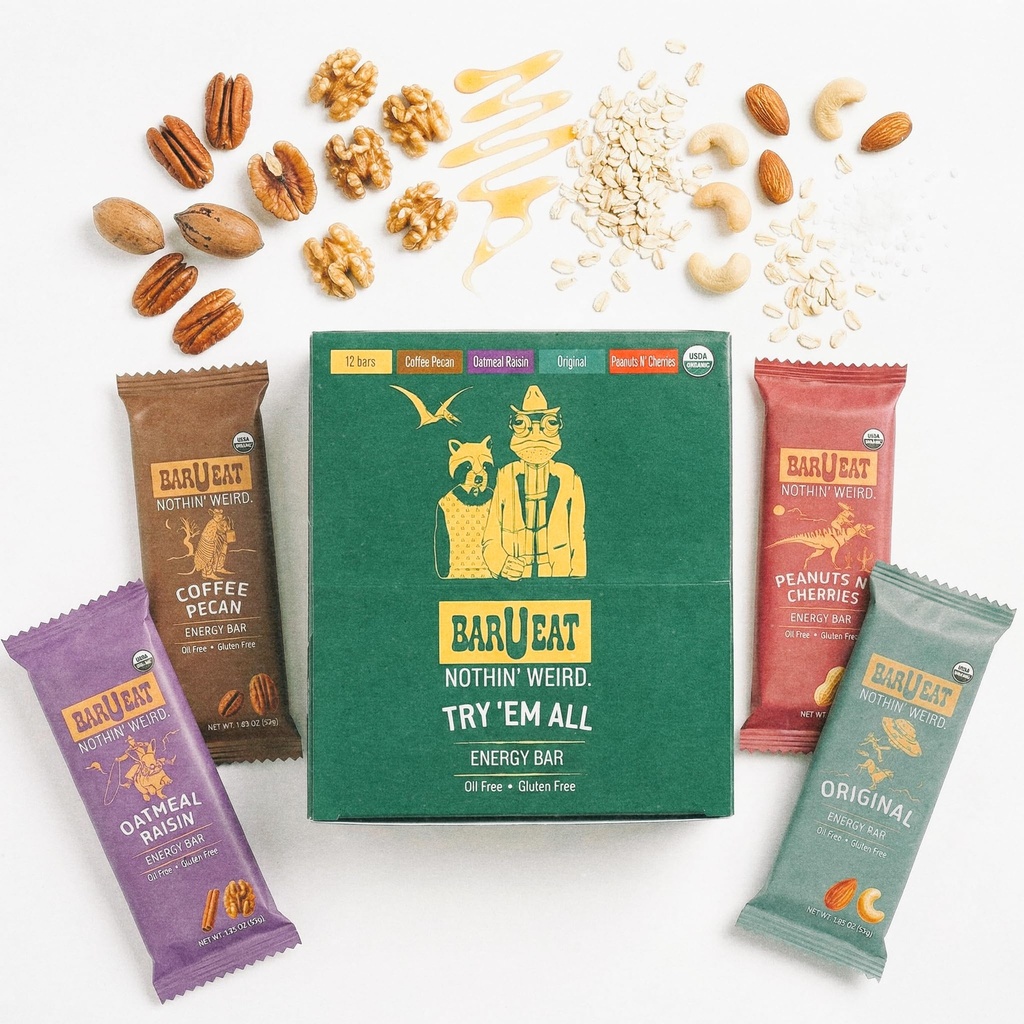 BAR-U-EAT Gluten-Free, Organic, Soft & Chewy Energy Bar. Real Food | Seed Oil Free | No Artificial Sugar | Compostable Packaging | Healthy Snacks (Variety 12 Pack)