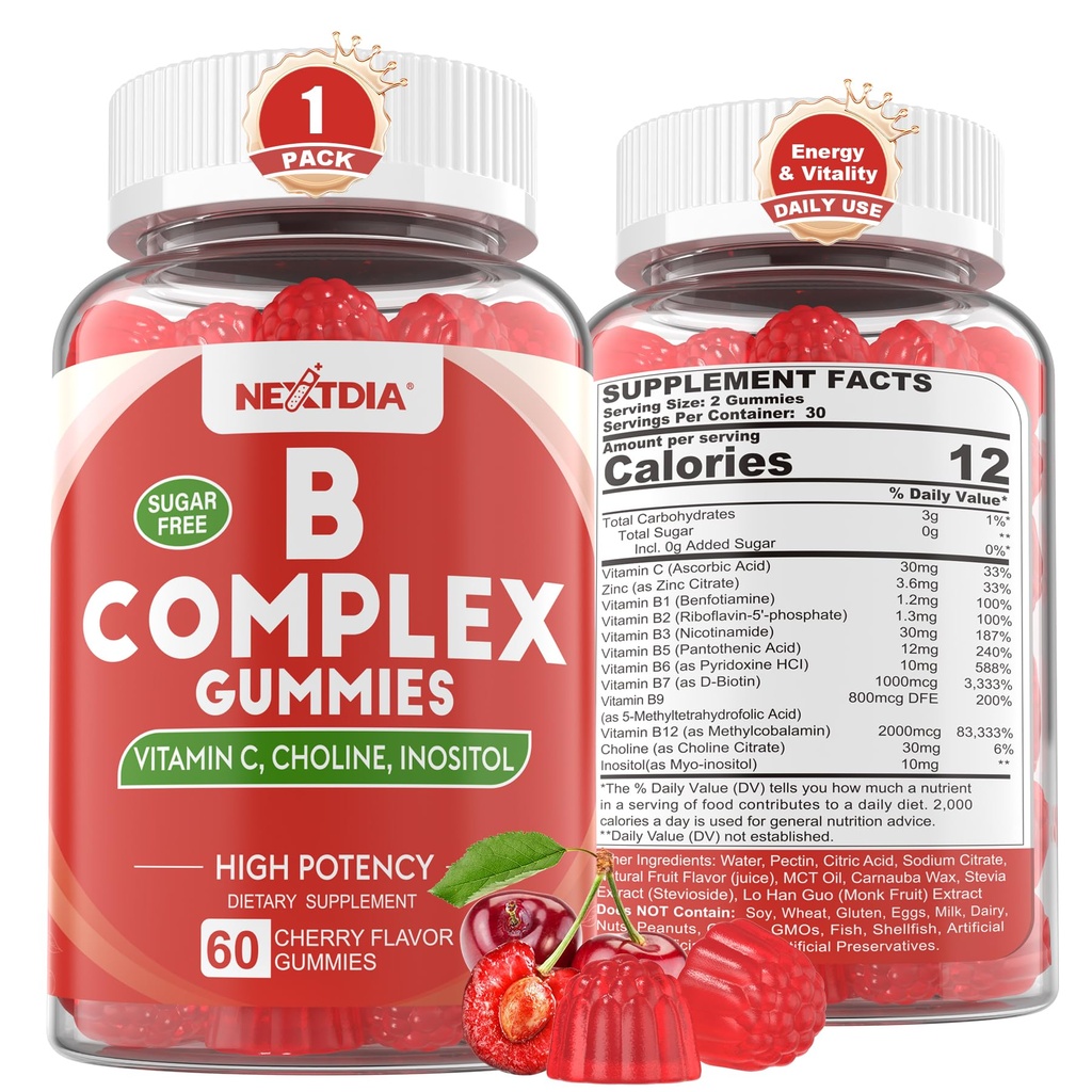 Methylated Vitamin B Complex Gummies, Methyl B12 & Folate with B1, B2, B3, B5, Biotin | Vitamin C, Zinc, Choline & Inositol – B Complex Supplement for Energy, Mood, Immune & Hair Skin Health,60 Cts