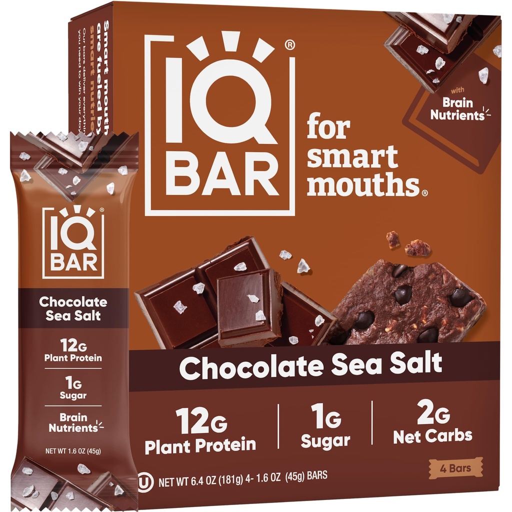 IQBAR Brain and Body Protein Bars - Chocolate Sea Salt Keto Bars - 4 Count Energy Bars - Vegan Snack
