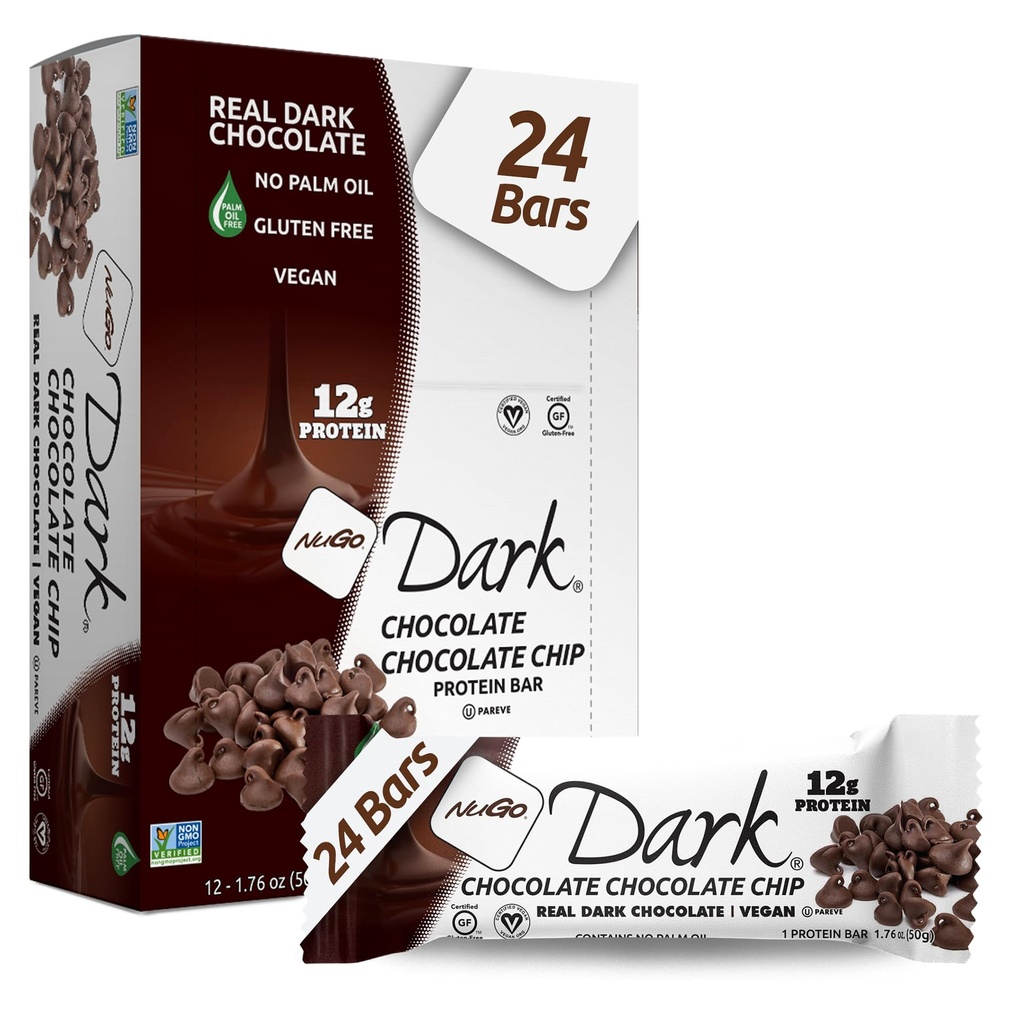 NuGo Dark Chocolate Chip, 12g Protein Bar, Vegan, Gluten Free, Non-GMO, Kosher Pareve, 24 Count