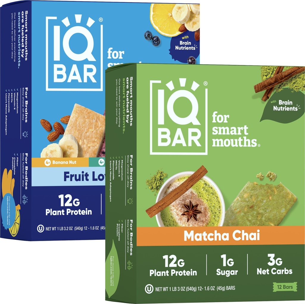 IQBAR Clean Plant Protein Bars - Fruit Lovers Variety and Matcha Chai 12 Count Bundle - Keto, Vegan, High Fiber, Gluten and Dairy Free, Low Sugar Snack - Brain and Body Nutrients for Focus, Energy