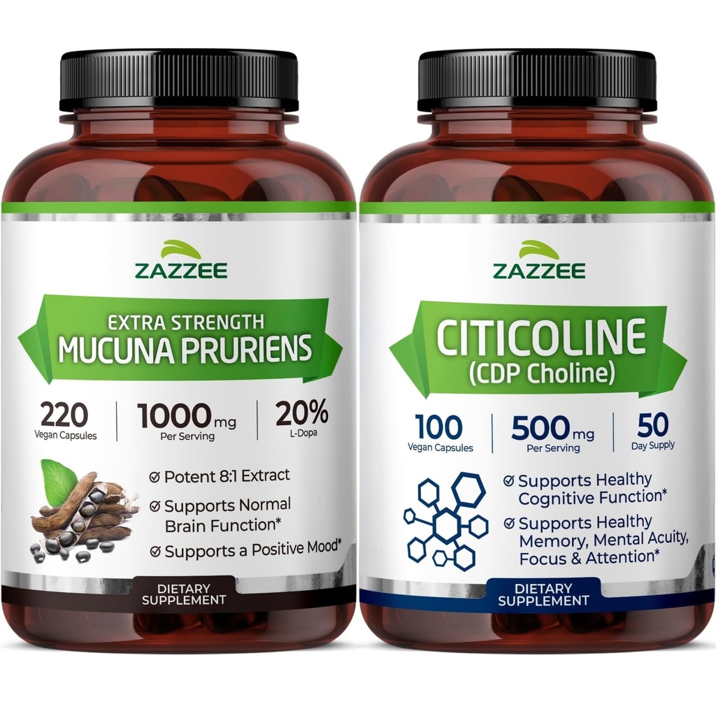 Zazzee CDP Choline and Mucuna Pruriens Supplements | Citicoline 500mg Plus Mucuna Pruriens Extract | Brain Support Bundle