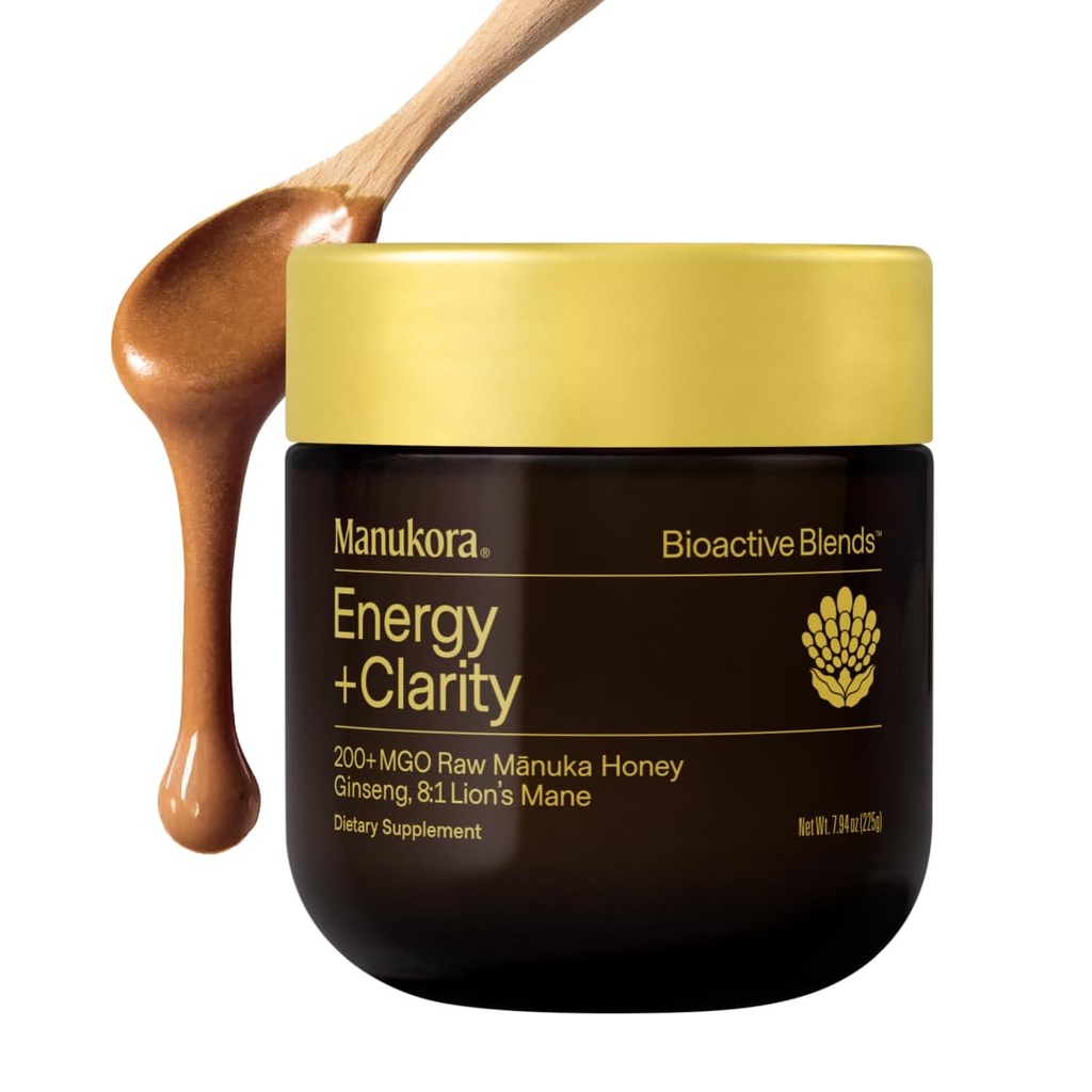 Manukora Energy & Clarity Blend, Focus and Cognitive Support Supplement for Men and Women with Ginseng, Lion's Mane, Manuka Honey, Natural Energy Support, 6 oz Jar
