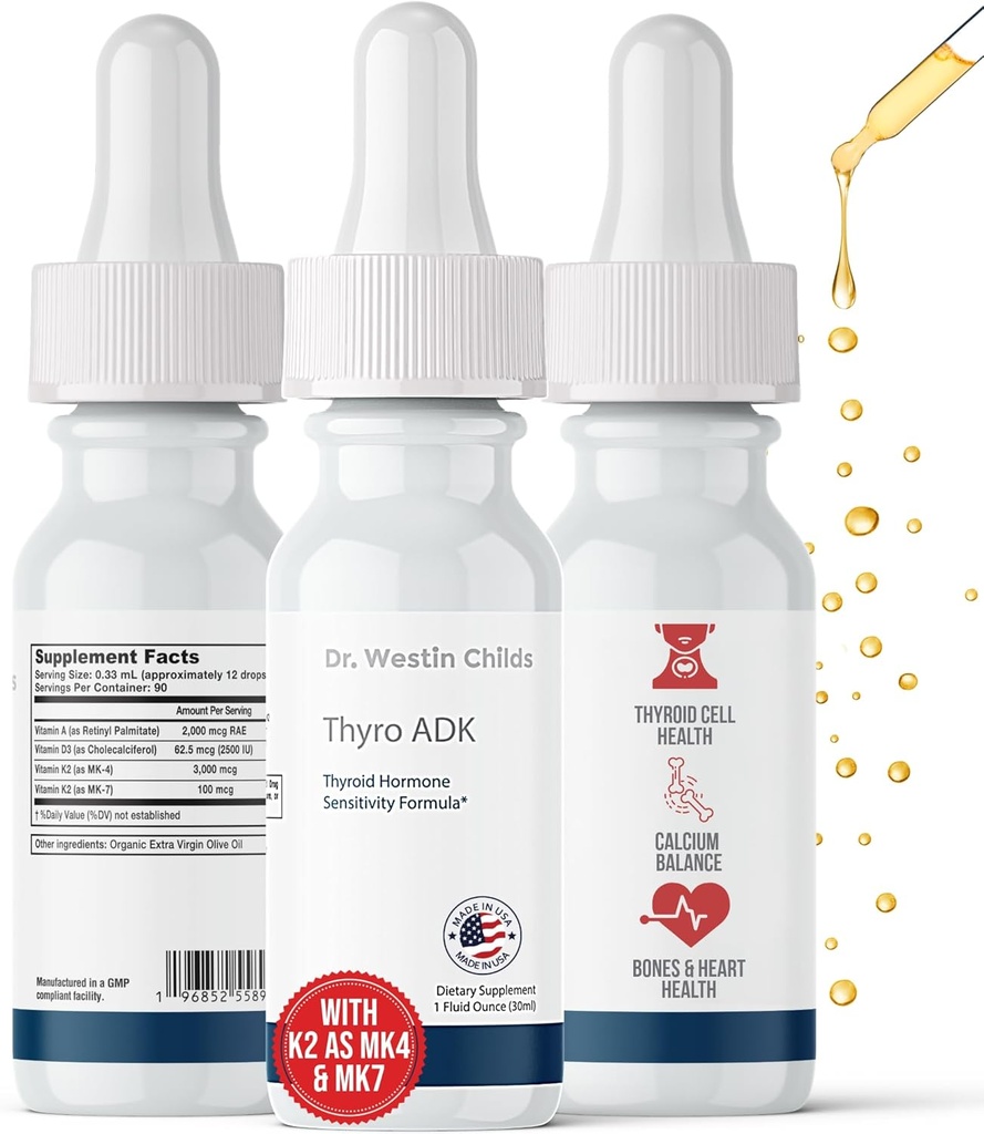 Dr. Westin Childs Thyro ADK - Thyroid Hormone Formula Sensitivitas dengan Vitamin A, D, K2 (sebagai MK4) dalam basis Minyak Zaitun Organik Ekstra Virgin, 90