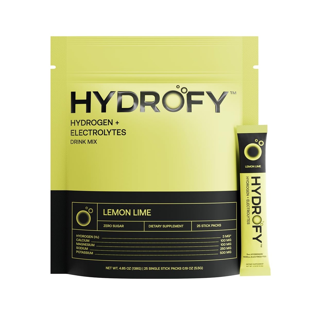 Hydrofy Hydrogen Water + Electrolytes Drink Mix | H2 Hydration Packets with Molecular Hydrogen, Sodium, Potassium, Magnesium, Calcium, and Minerals | No Sugar | Lemon Lime | 25 ct