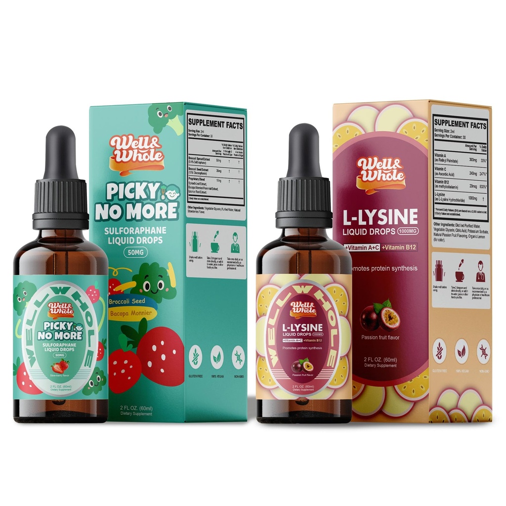 Well&Whole L-Lysine Supplement Liquid Drops and Sulforaphane Supplement from Broccoli Sprouts