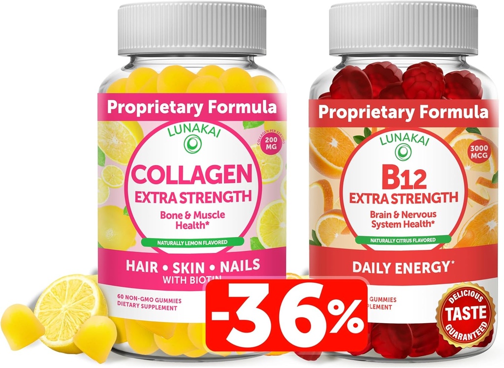 Lunakai Collagen & Biotin Gummys Bundle - 毛发、皮肤和青春外观的维生素 - 非GMO 抗衰老蛋白补充剂 - 供药30天
