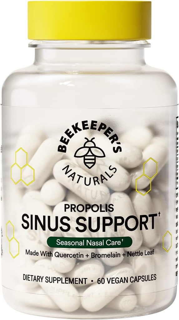 Ikhlas Beekeeper All Natural Sinus Dukungan untuk Dewasa, Seasonal Nasal Care Relief dengan Propolis, Quercetin, Bromelain, Nettle Leaf, & Vegan Capsule, Blocks atau Suspressed Histamine, 60 ct