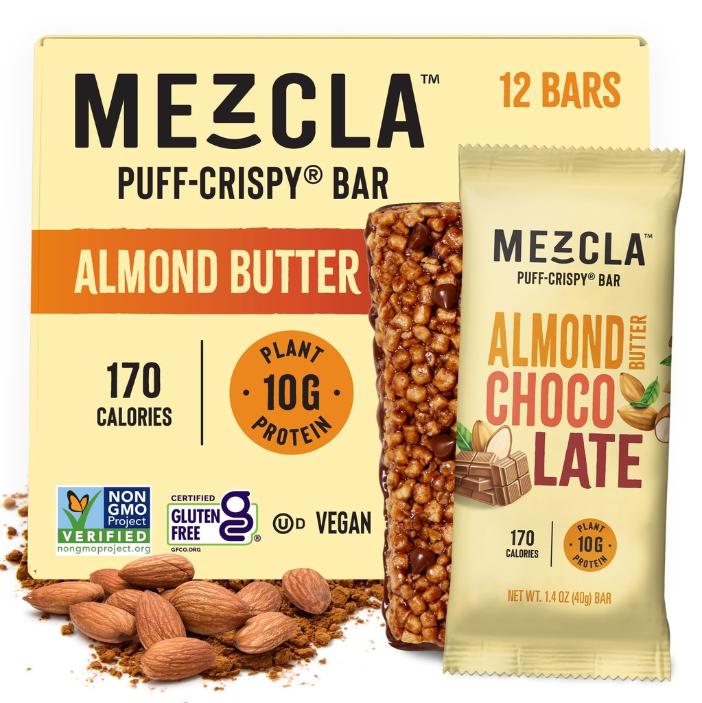 Mezcla Puff-Crispy Plant Based Protein Bars - Almond Butter Chocolate - Healthy Snacks for Adults & Kids - Perfect School, Travel, & Office Snacks - Gluten Free, Vegan, Non GMO, 10g Protein - 12 Count