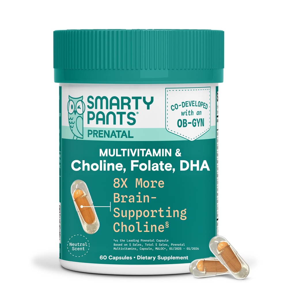 SmartyPants Women’s Prenatal Multivitamin Capsules, OB‑GYN Co‑Developed Prenatal Vitamins with Choline, Folate, Omega 3 DHA, & Iron for Baby’s Development, Gentle on Stomach, 60 Count (30 Day Supply)