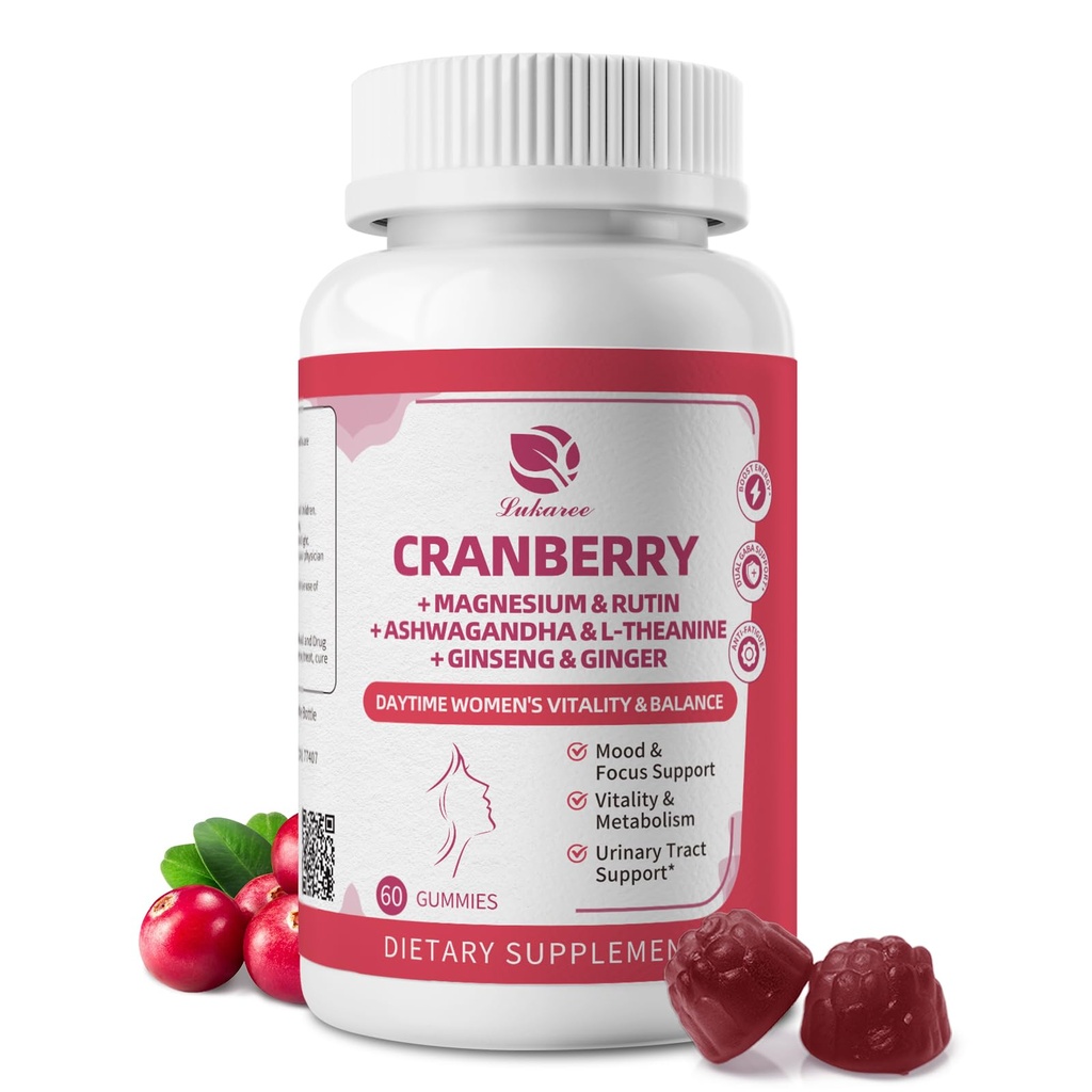 Lukaree Cranberry Gummies for Women – Cranberry Supplement Complex with D-Mannose, Ashwagandha, Magnesium, Ginseng – Urinary Tract, Mood & Energy Support – Daytime Vitality Supplement – 60 Count