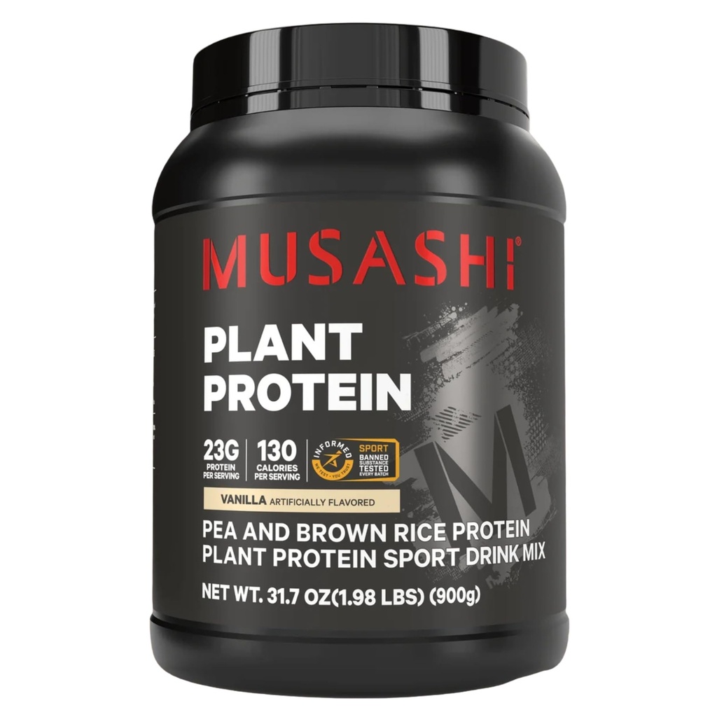 Musashi Plant Protein Powder, Vanilla, 900g (1.98 lb), Pea, Brown Rice and Chia Protein Blend with BCAAs & L-Glutamine, 23g Protein, 130 Calories per Serving