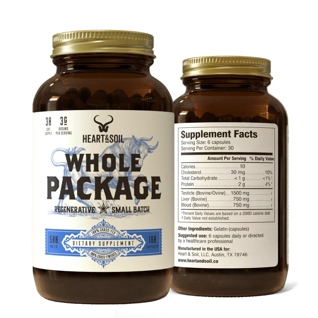 Heart & Soil – Whole Package – 100% Grass Fed & Finished Testicle, Liver & Blood Extract – Supports Male Reproductive Wellness, Hormonal Health, Energy Output & Physical Endurance – 180 Capsules