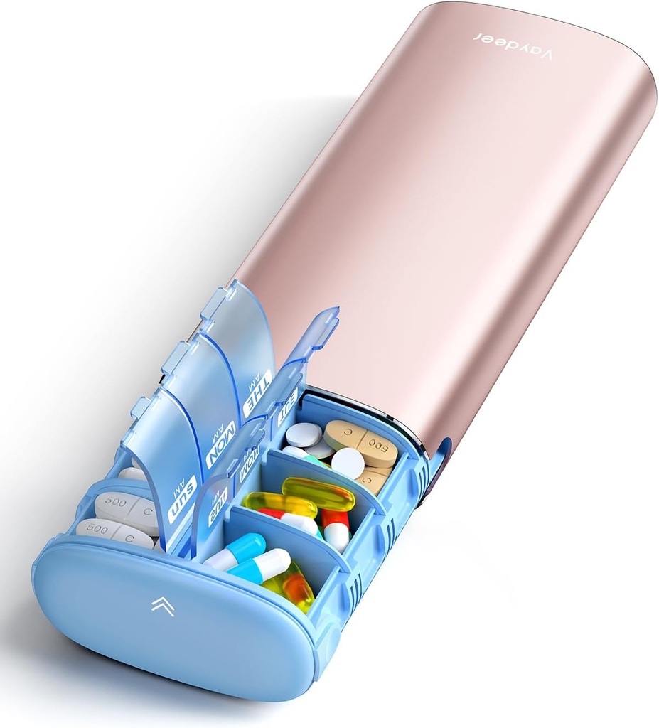Vaydeer 7 Day Weekly Pill Organizer 2 раза в день, Metal Am Pm Travel Pill Case, Big Capacity Twice Daily Cute Pill Box for Supplements, Pills, Vitamins and Medication (Rose Gold)